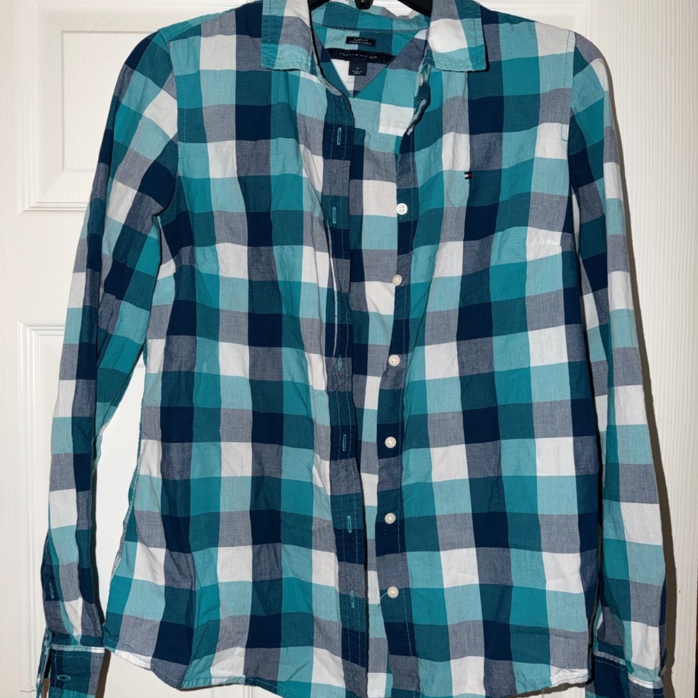 Tommy Hilfiger Teal and White Plaid Shirt